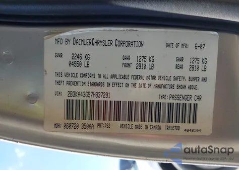 2007 Dodge Charger z USA, uszkodzony, nr VIN 2B3KA43G57H837291